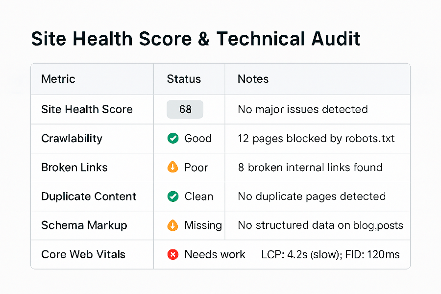 Site Health Score Table Preview